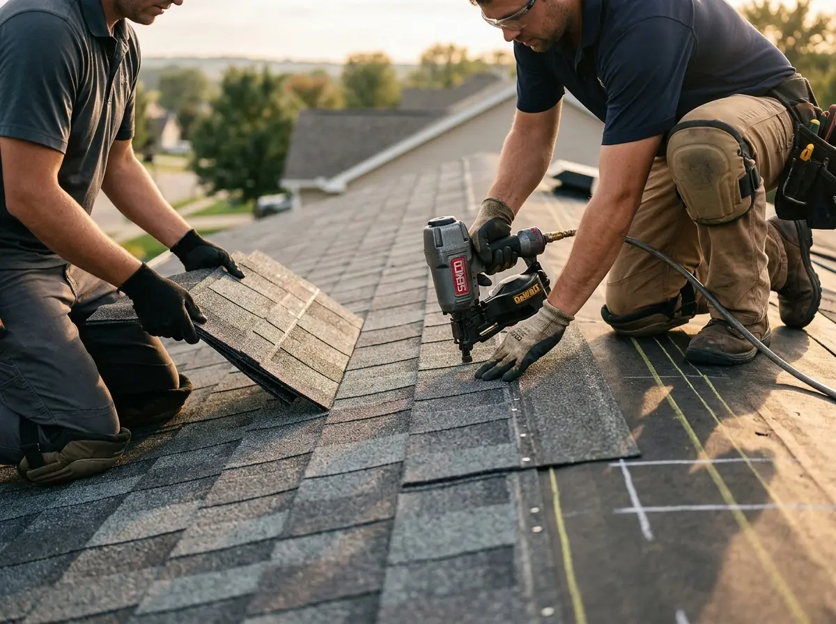 Professional roofer working on a residential roof in Germantown